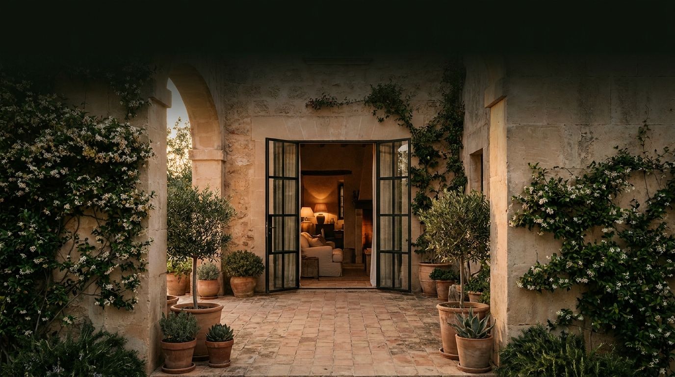 Finca courtyard at dusk: open wrought-iron doors, jasmine on limestone walls, terracotta path leading to a softly lit interior.
