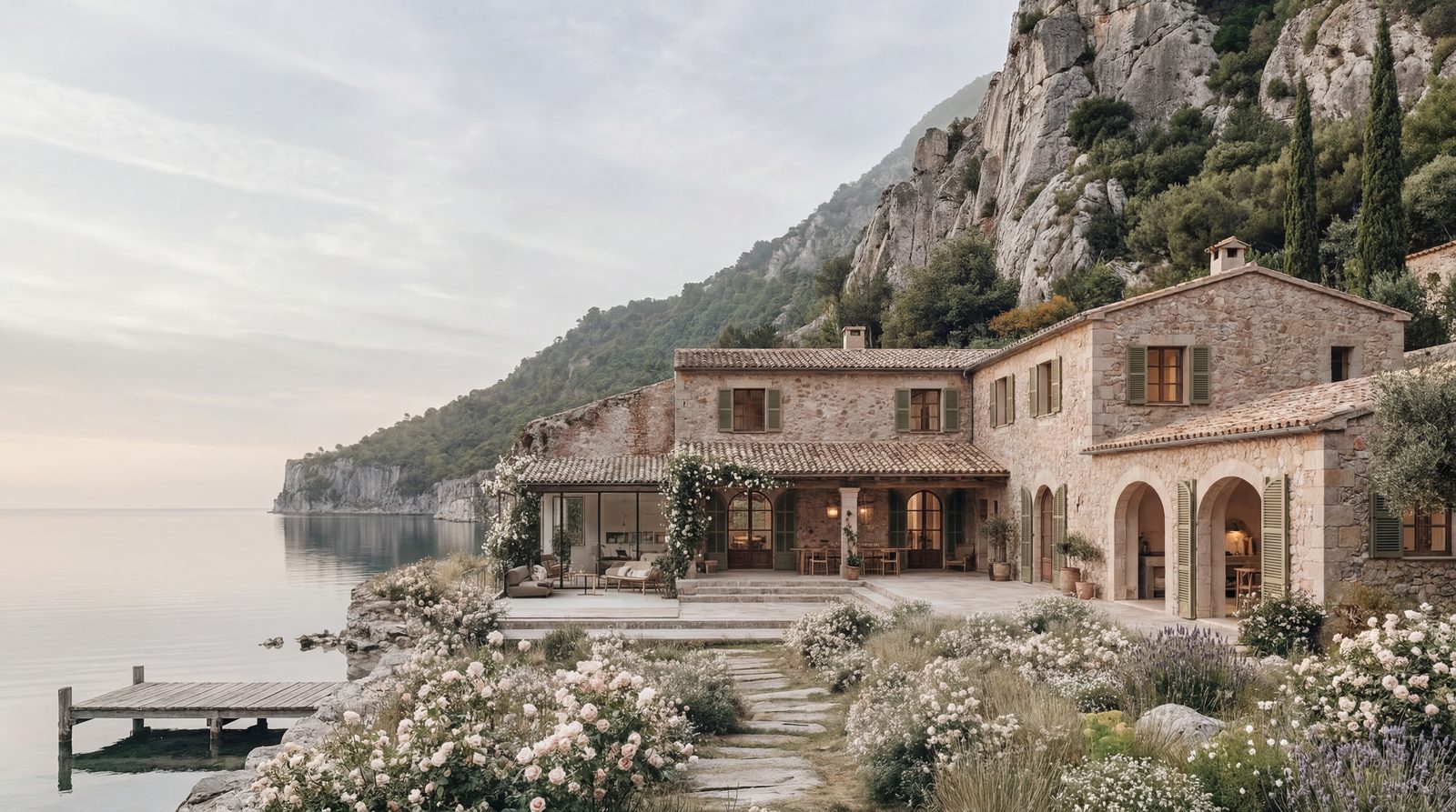 Restored seafront finca on the Mallorcan coast: stone arches, rose gardens, and a wooden jetty over still water beneath a limestone ridge.